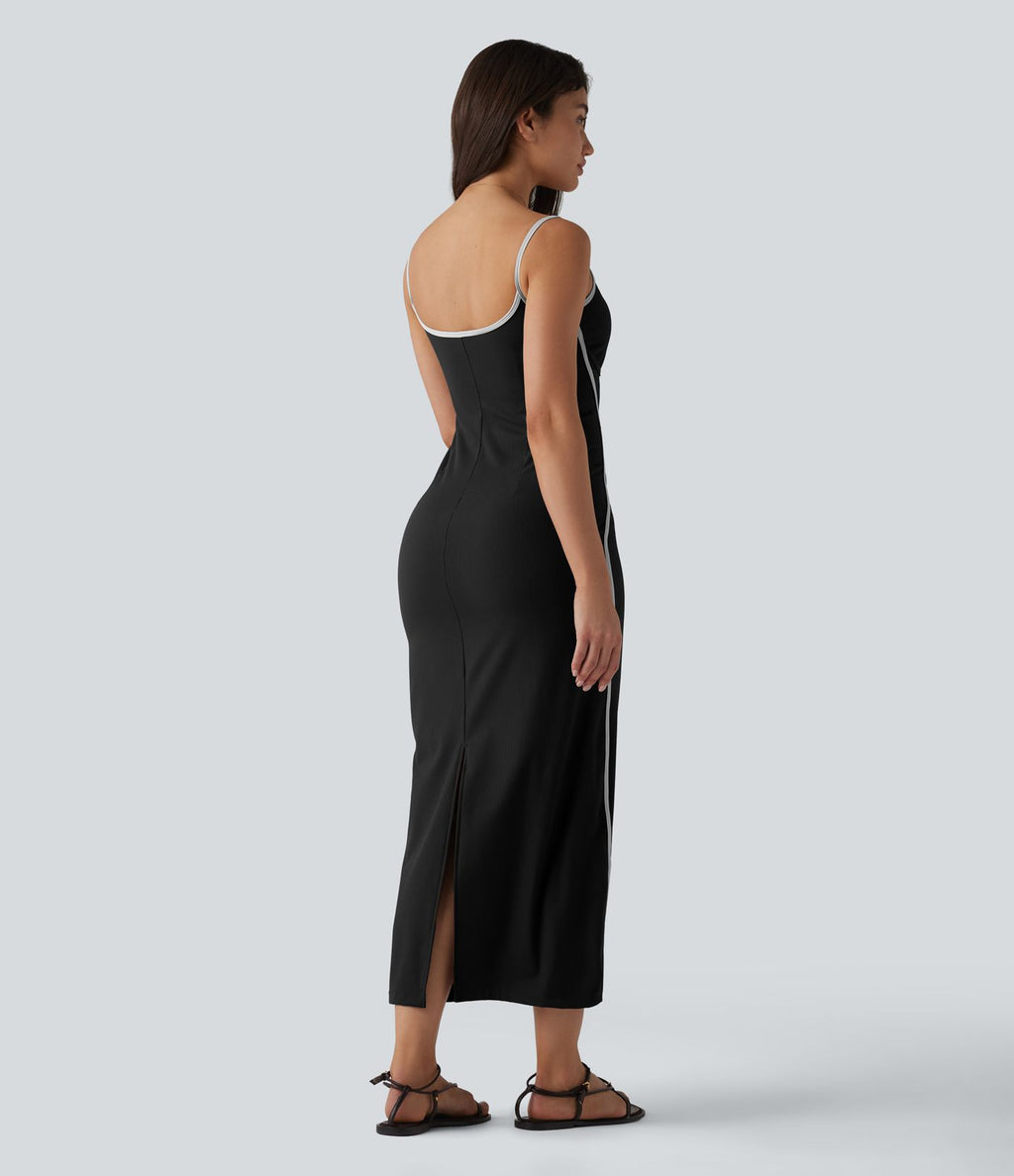 Robe nuisette casual midi côtelée color block à décolleté cœur avec coussinets intégrés non amovibles