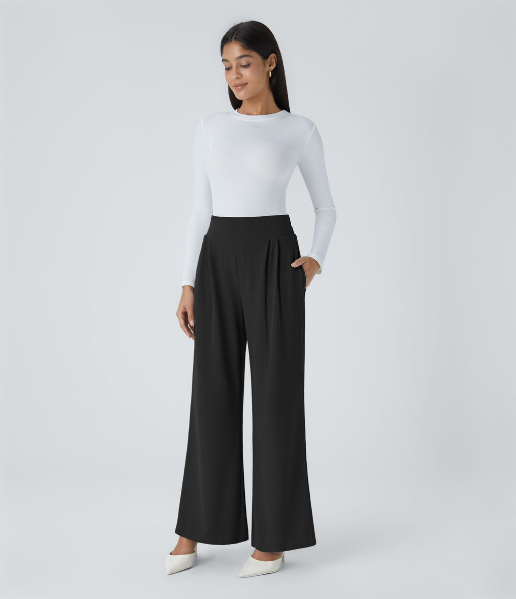 Halara Flex™ Pantalon Tailleur en Tissu Gaufré Taille Haute avec Large Ceinture Plis Poches Latérales Jambes Larges