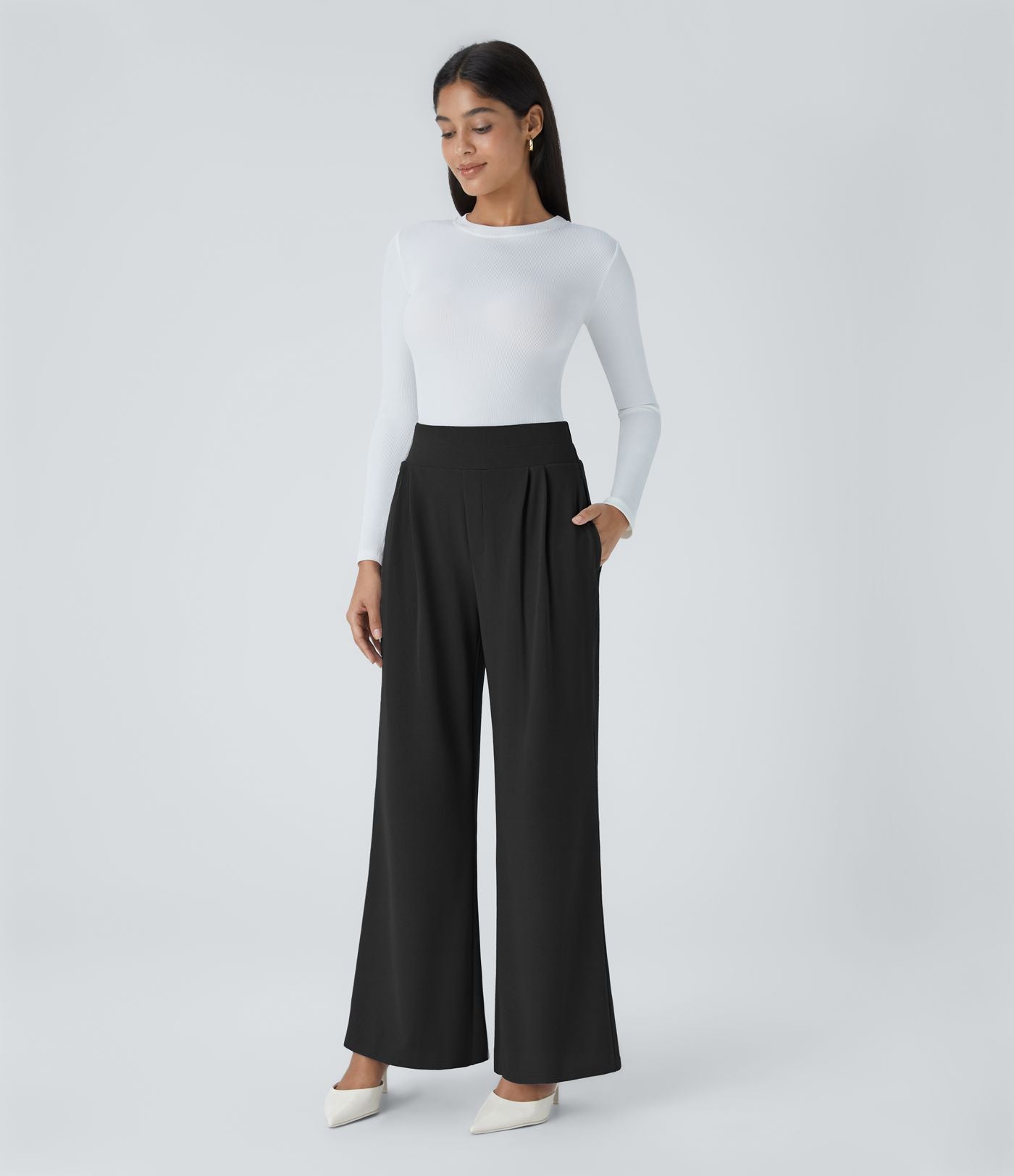 Halara Flex™ Pantalon Tailleur en Tissu Gaufré Taille Haute avec Large Ceinture Plis Poches Latérales Jambes Larges