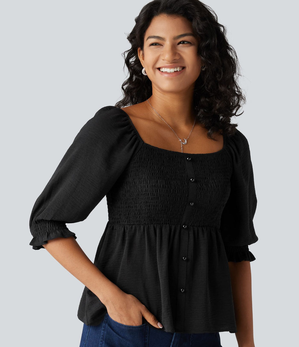 Blouse casual babydoll col carré à manches bouffantes mi-longues et détails froncés