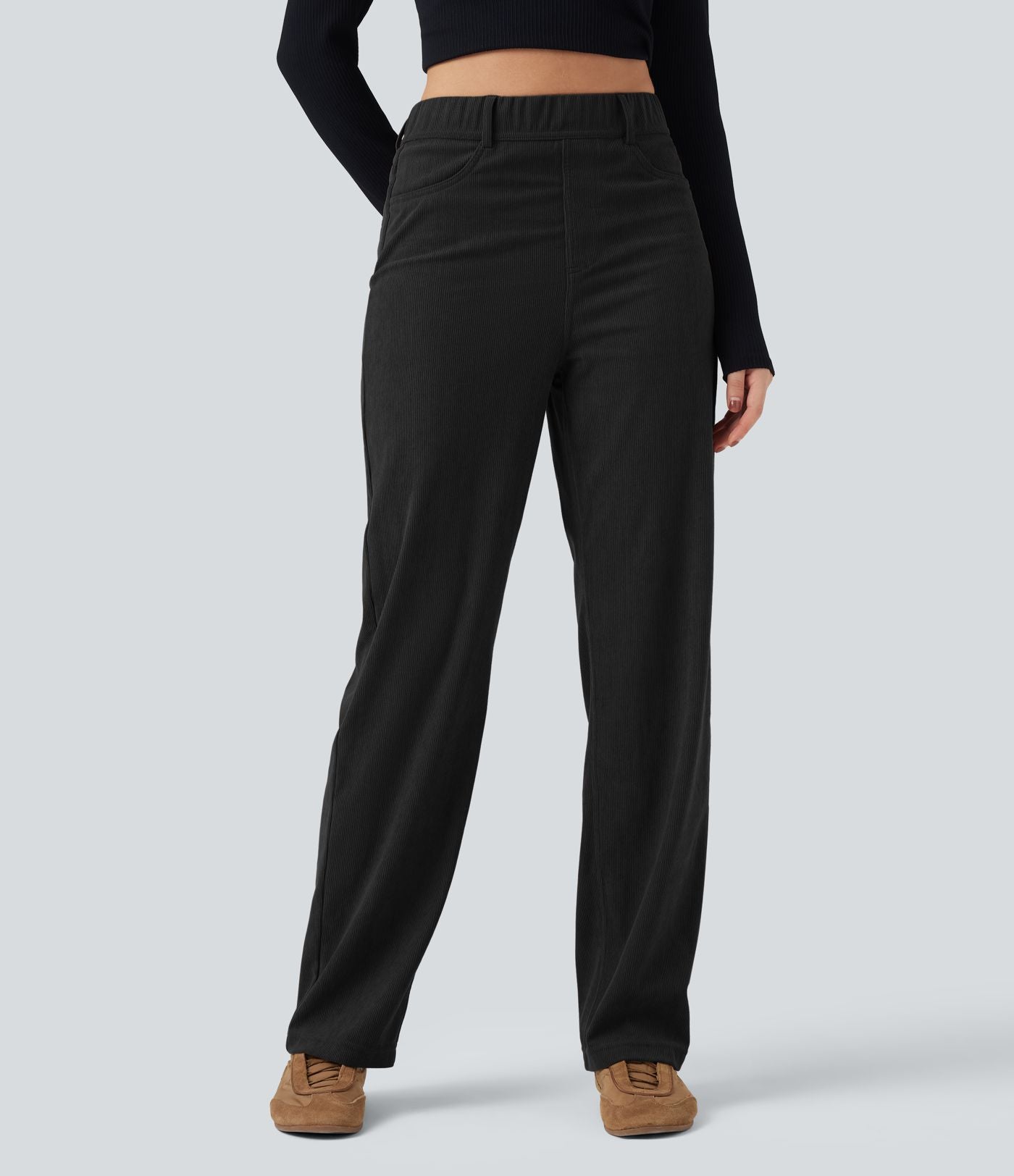 Pantalon décontracté droit en velours côtelé, taille haute, gainant, avec poches