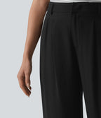 Pantalon large fluide décontracté taille haute color block aspect lin avec poches