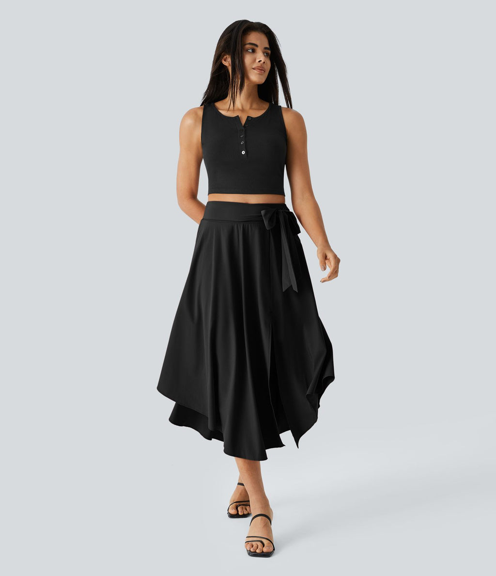 Breezeful™ Jupe Taille Haute Casual Midi Séchage Rapide Fluide Fentes Latérales Nouées 2 en 1