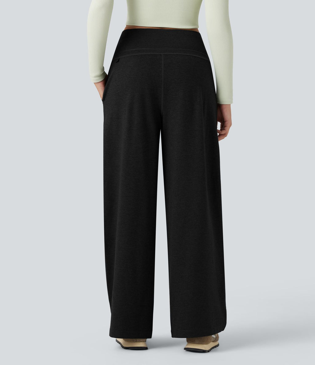 Pantalon jogging large thermique fluide chiné à rabat taille haute séchage rapide avec cordon de serrage et poches