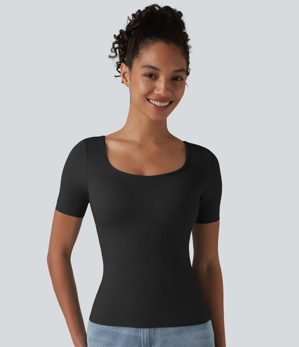 T-shirt casual col rond échancré à manches courtes avec brassière intégrée — Bonnets B-E