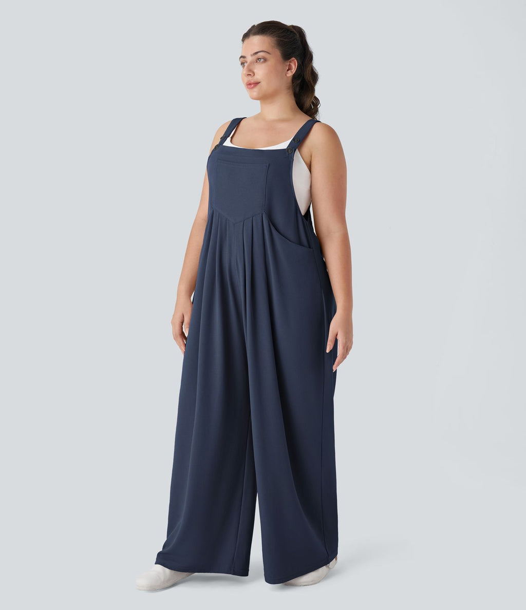 Salopette Casual Grande Taille en Gaufré avec Bretelles Ajustables Boutons et Poches Multiples