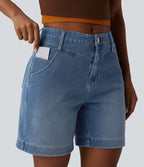 Short denim ample décontracté Halara Flex™ délavé taille mi-haute ourlet roulotté avec poches