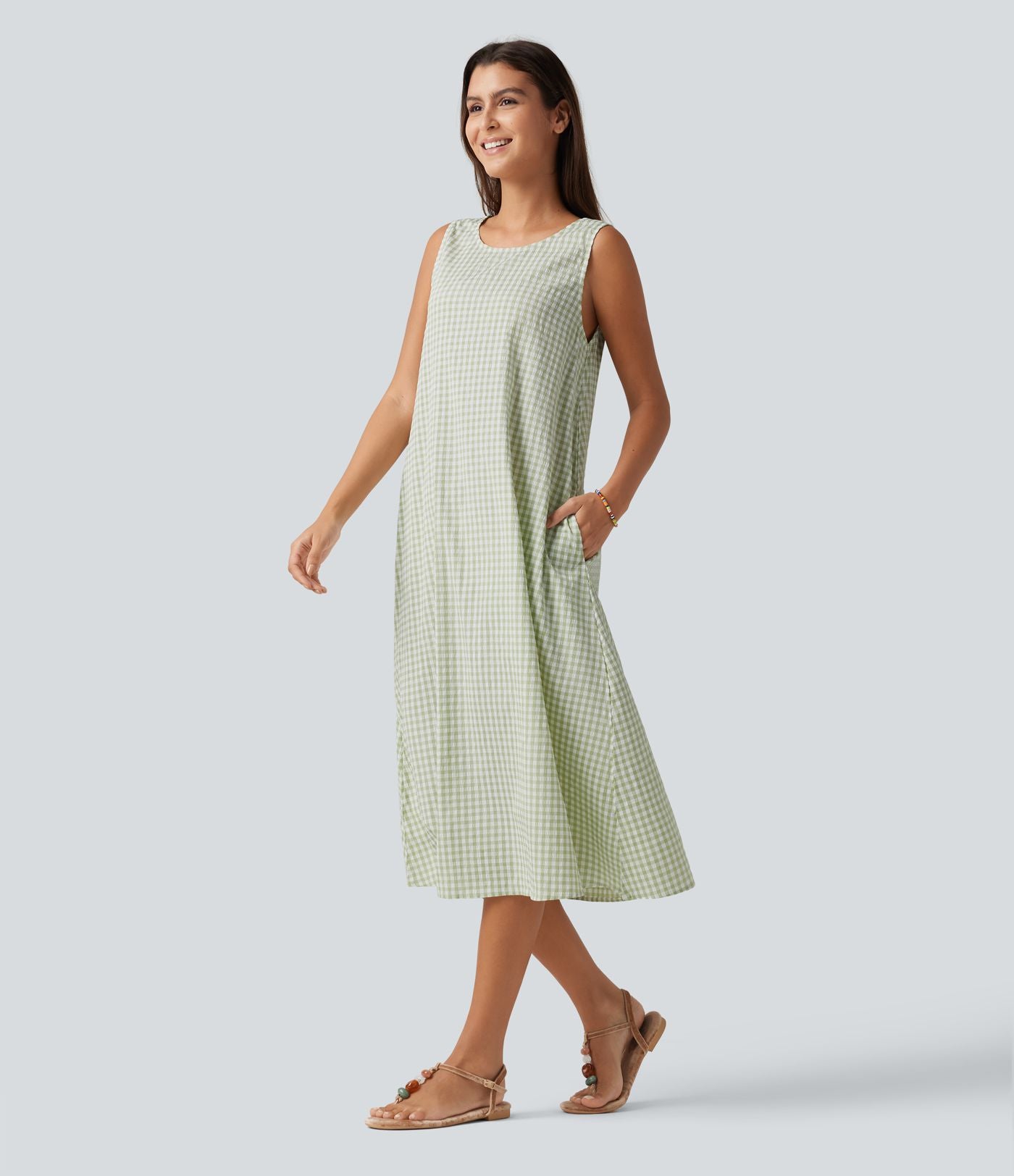 Robe débardeur midi décontractée en vichy froissé, col rond, sans manches, à poches