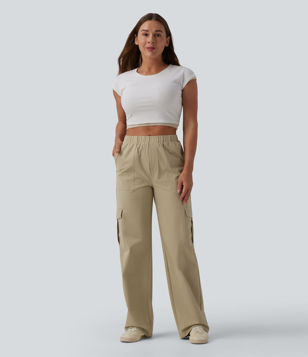 Pantalon décontracté coupe droite taille mi-haute avec poches