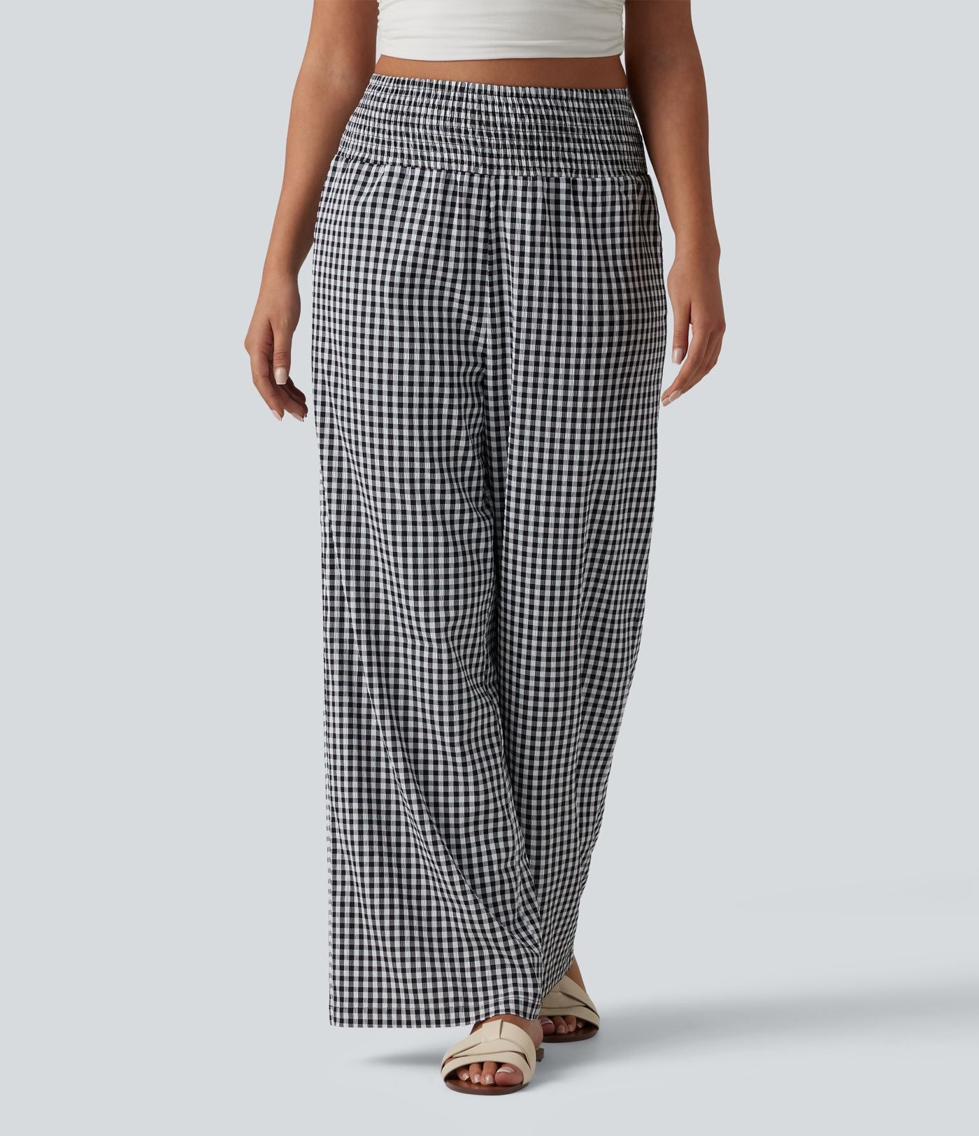 Pantalon large casual taille haute froncé à carreaux vichy avec poches