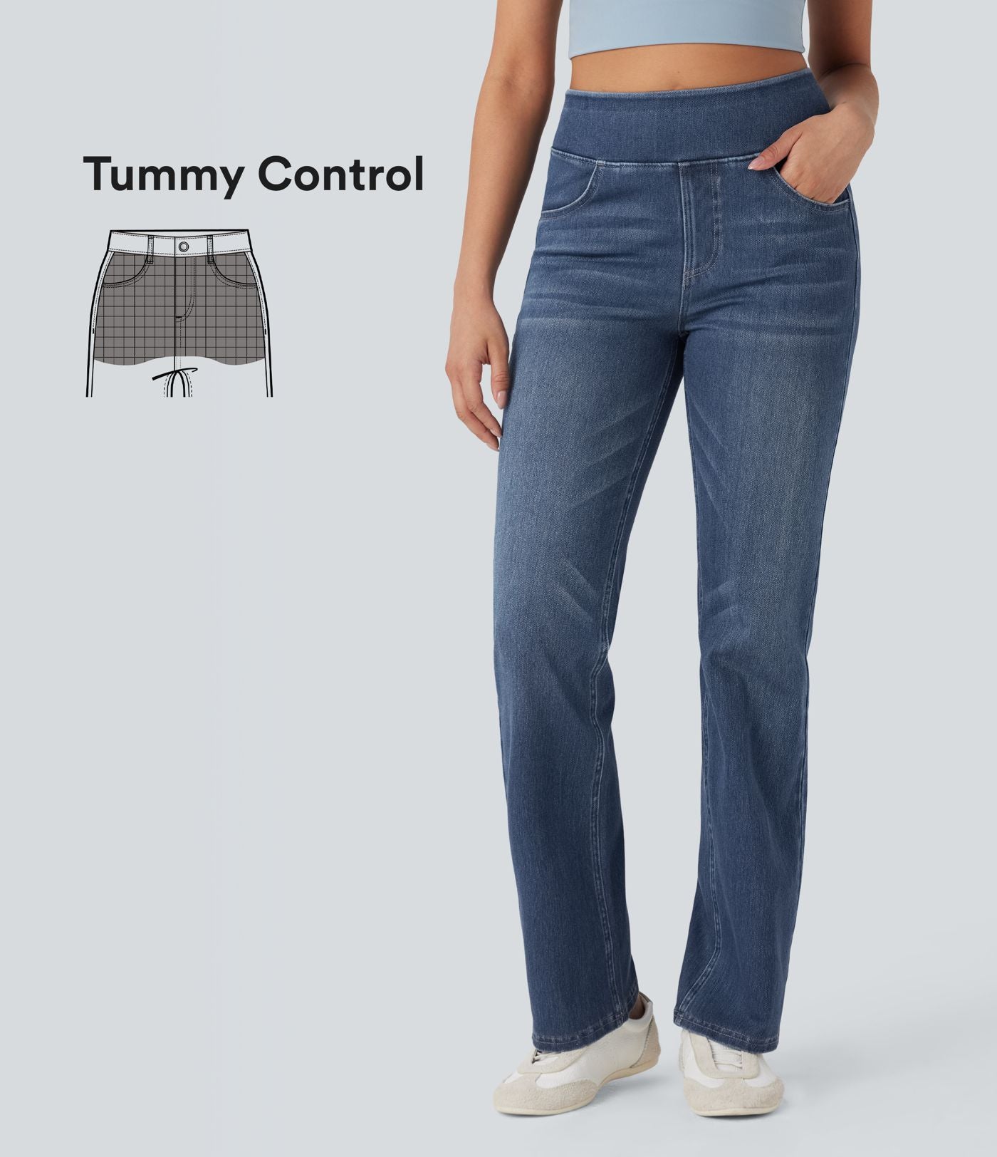 Halara Flex™ Jean évasé casual délavé taille haute gainant avec poches