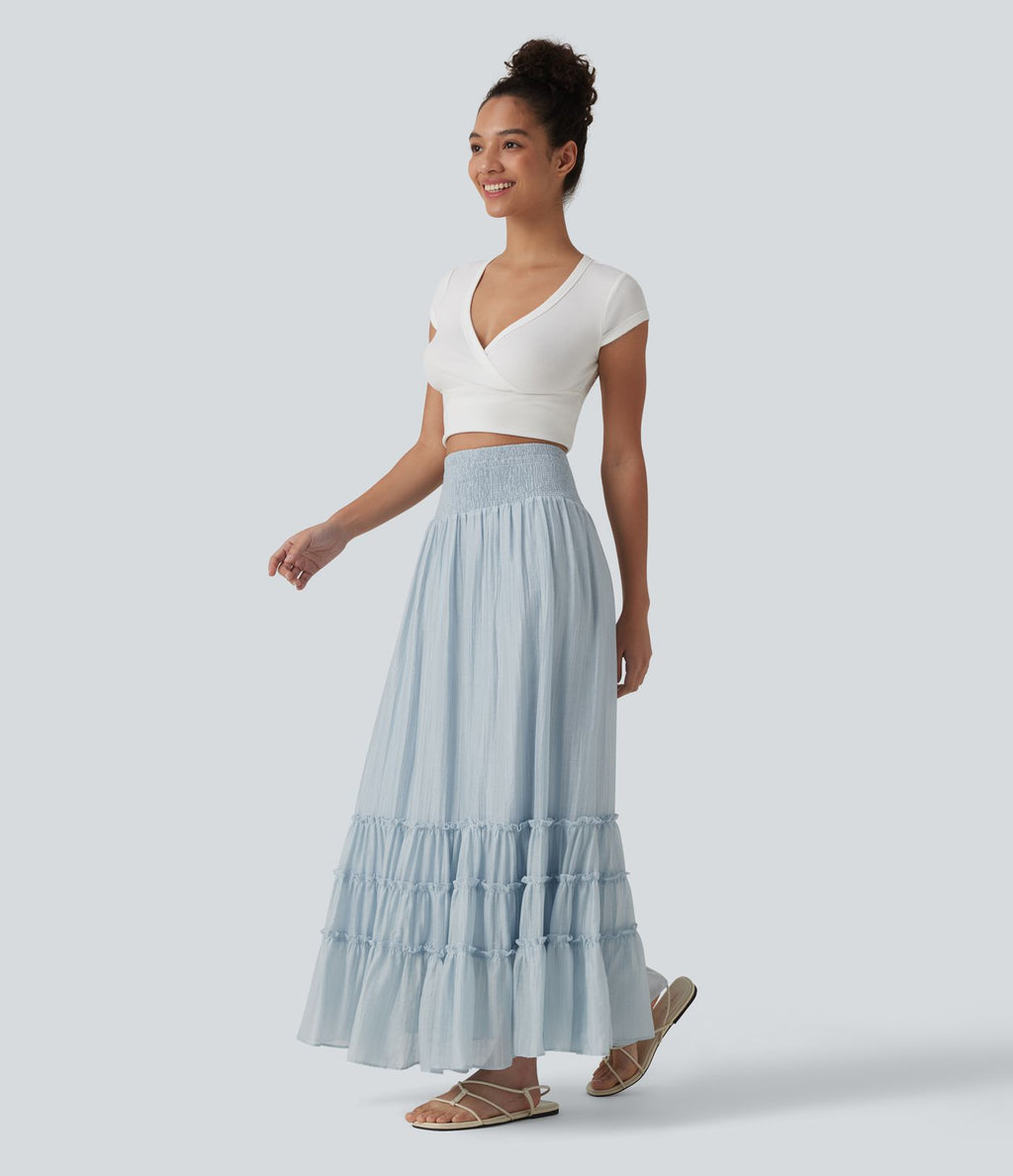 Jupe longue fluide à volants taille haute – Style resort