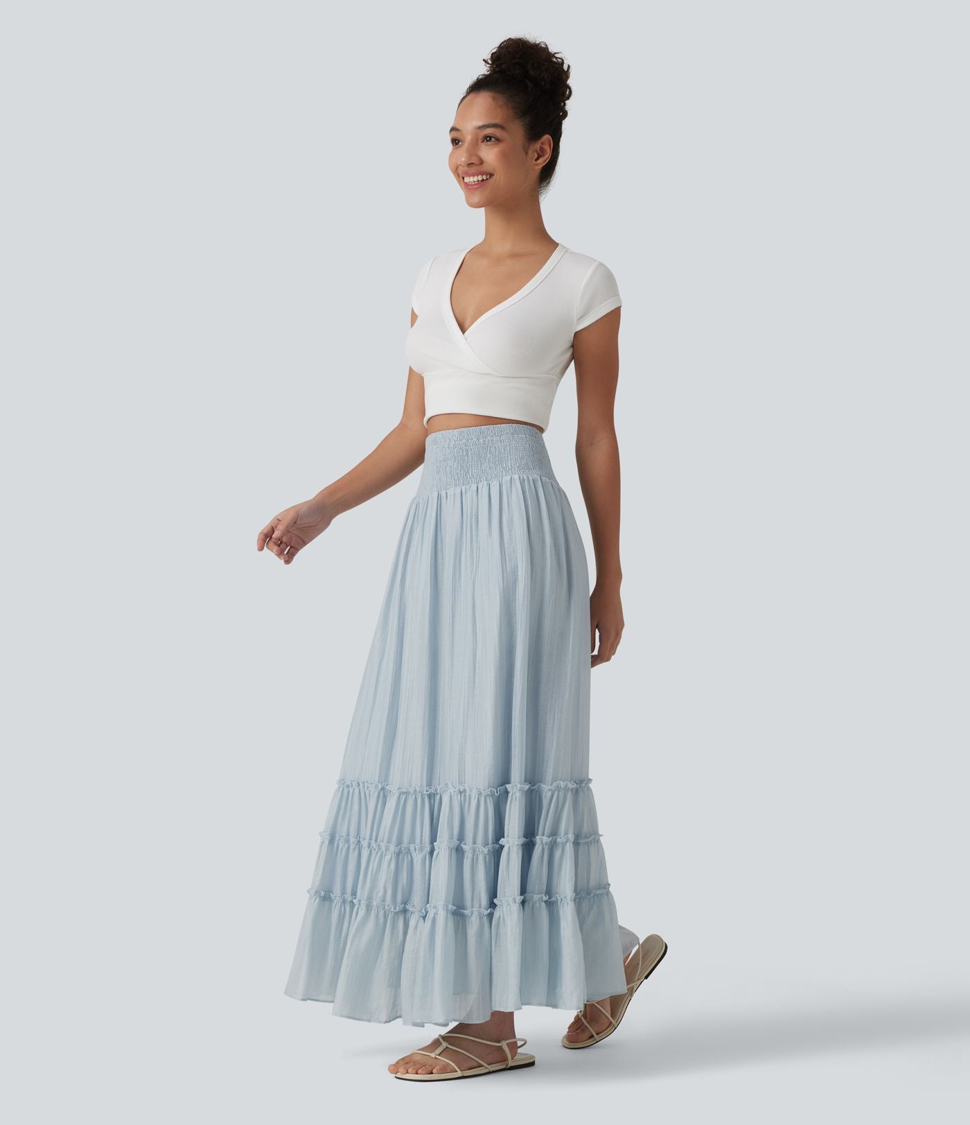 Jupe longue fluide à volants taille haute – Style resort