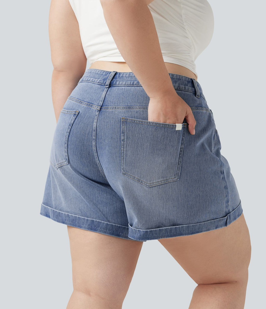 Short jean grande taille Halara Flex™ Denim casual taille mi-haute, ourlets retroussés, avec poches, 12,7 cm