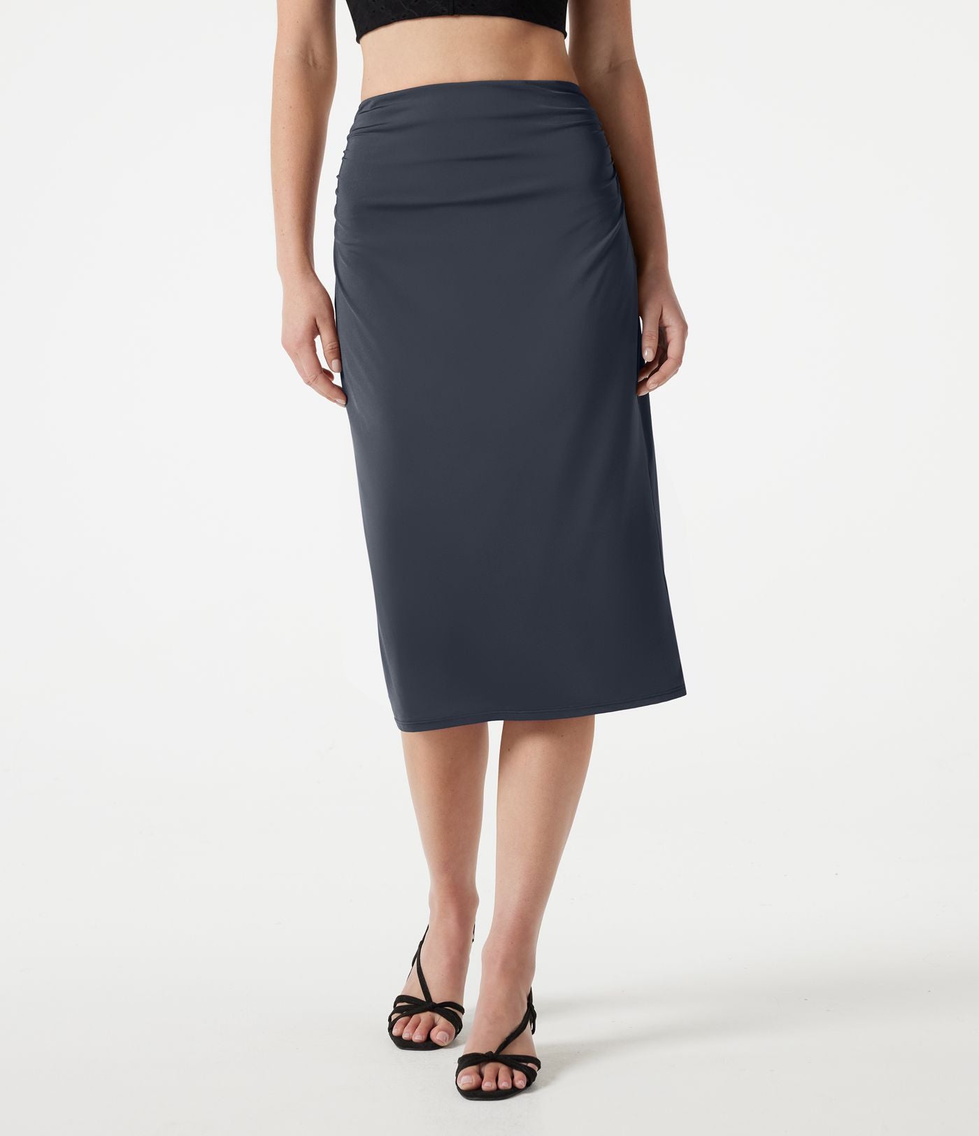 Jupe crayon midi décontracté taille haute extensible aspect satiné à effet frais InstantCool avec fronces
