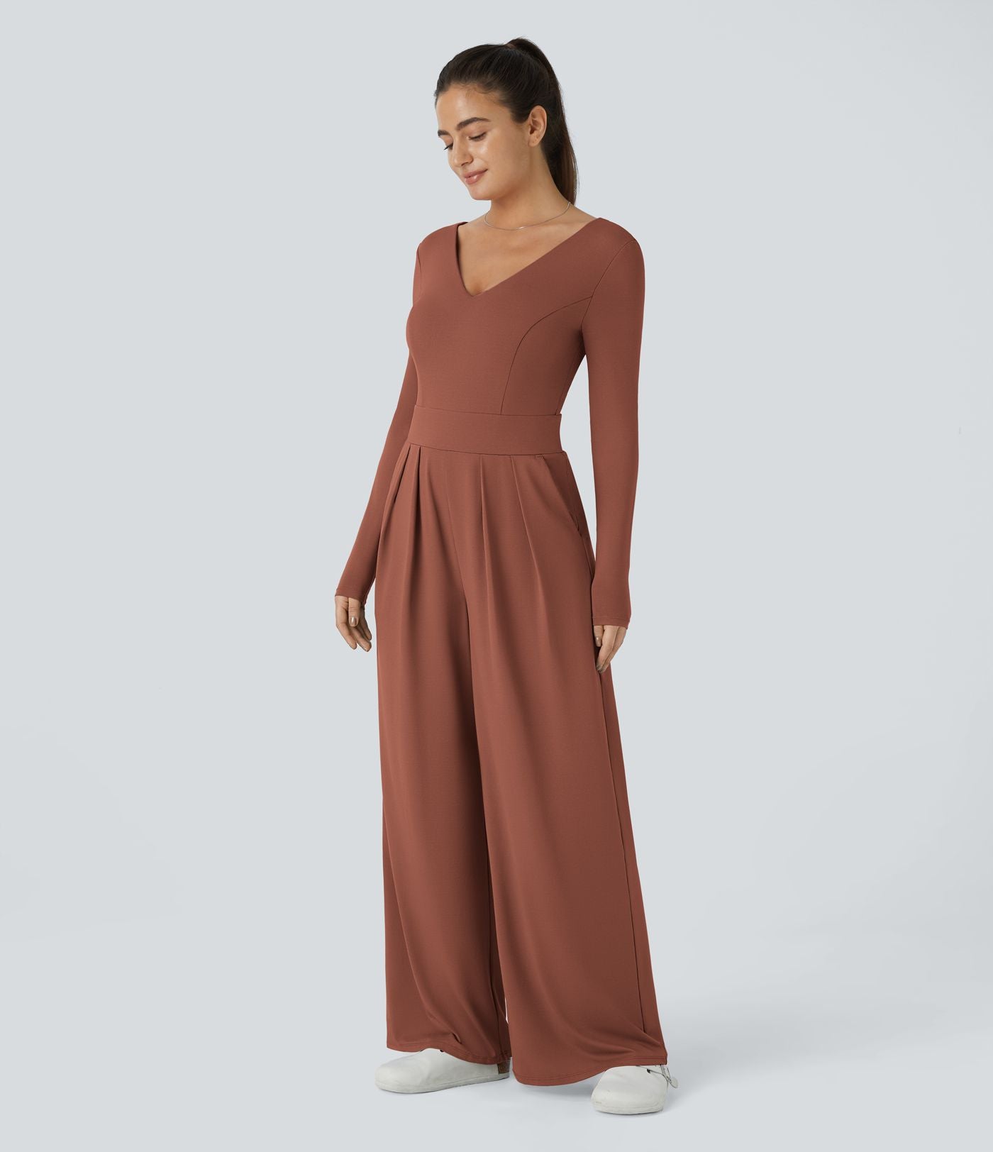 Combinaison Casual à Manches Longues Décolleté en V et Dos Nu Avec Poches Latérales Plissées et Jambes Larges