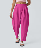 Pantalon tailleur ample, taille moyenne, coupe barrel, à poches
