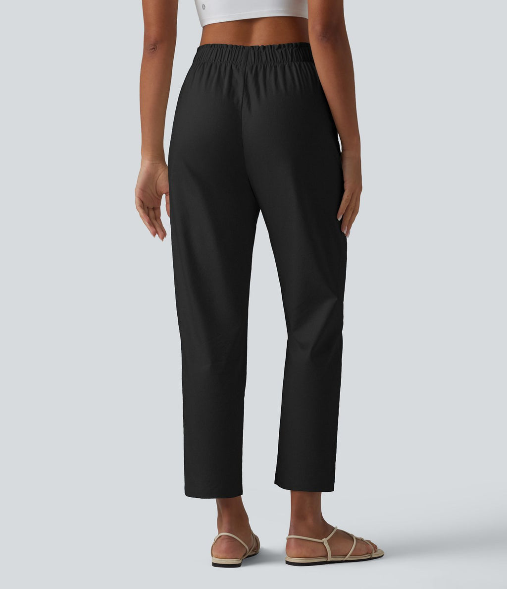 Pantalon casual en coton et lin coupe fuselée taille haute avec poches