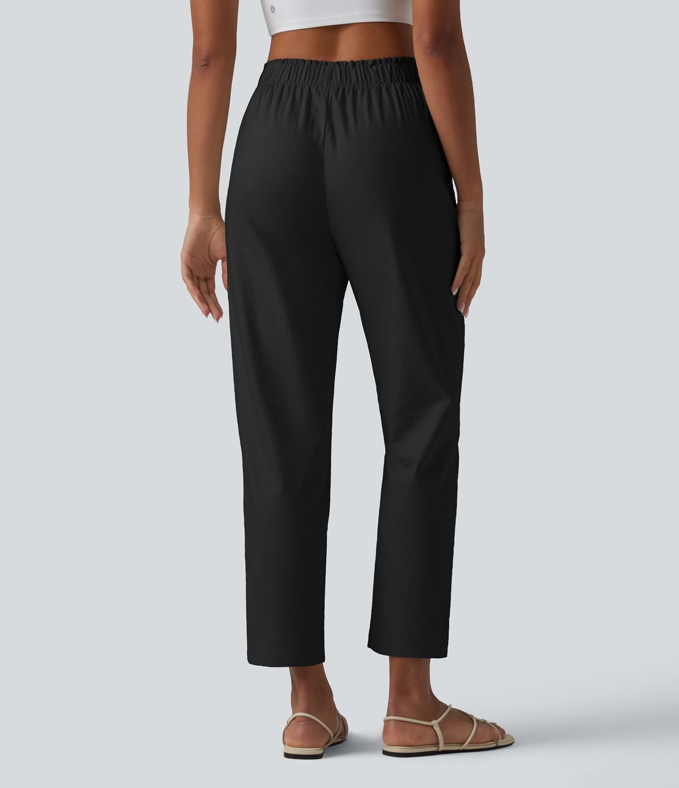 Pantalon casual en coton et lin coupe fuselée taille haute avec poches