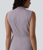 Robe mi-longue plissée col V sans manches avec fermeture éclair invisible et poches pour le travail