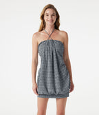 Robe micro-mini de plage moulante à carreaux vichy col halter avec brassière intégrée et lien noué au dos