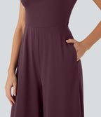 Combinaison de yoga Softlyzero™ Airy Cool Touch à col cranté, manches courtes, jambes larges et poches latérales - Édition Easy Peasy