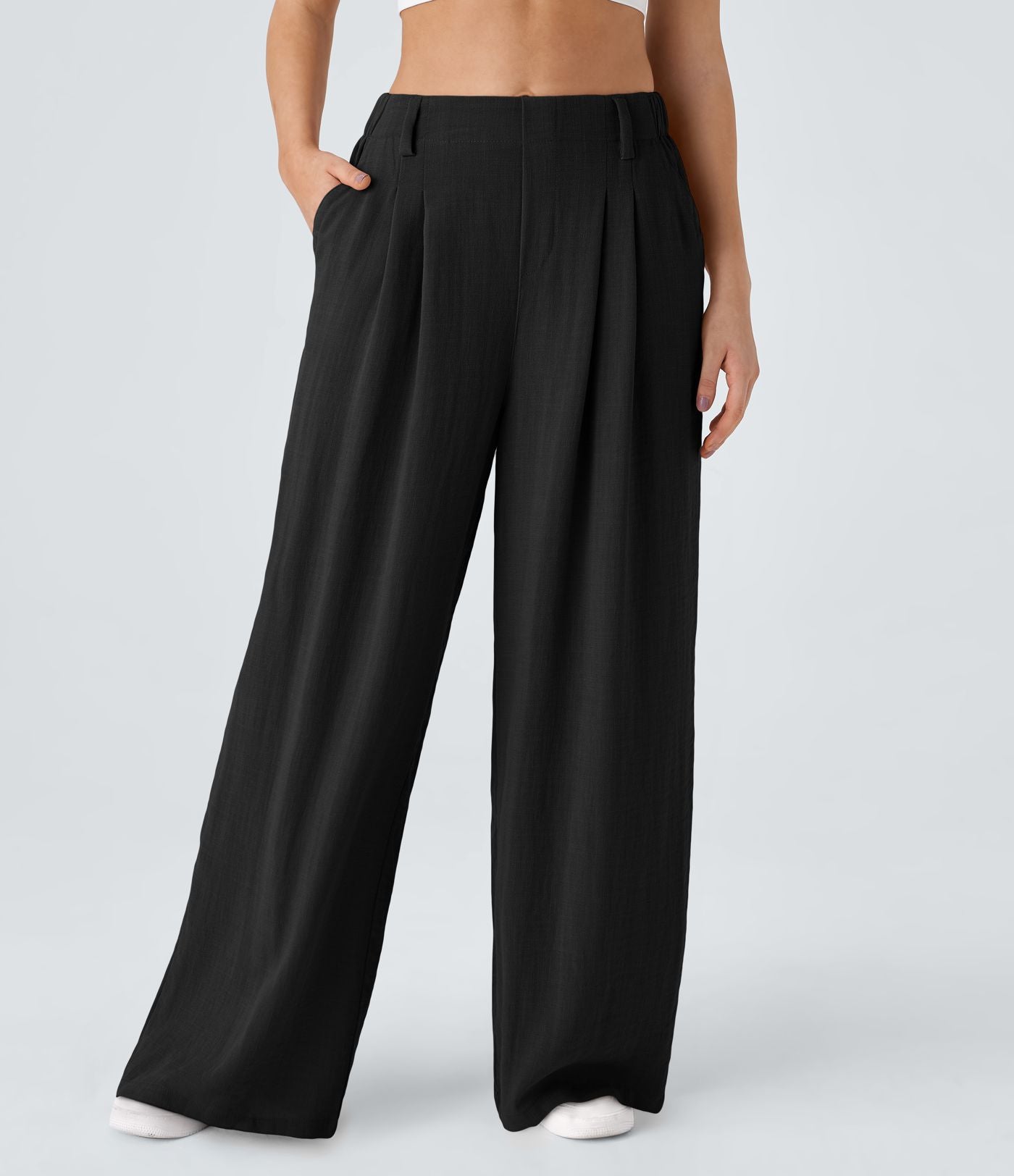 Pantalon Fluide Large Taille Haute Poches Latérales Palazzo Solide Casual Linen-Feel