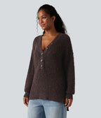 Pull décontracté à décolleté en V, manches longues et ourlet asymétrique
