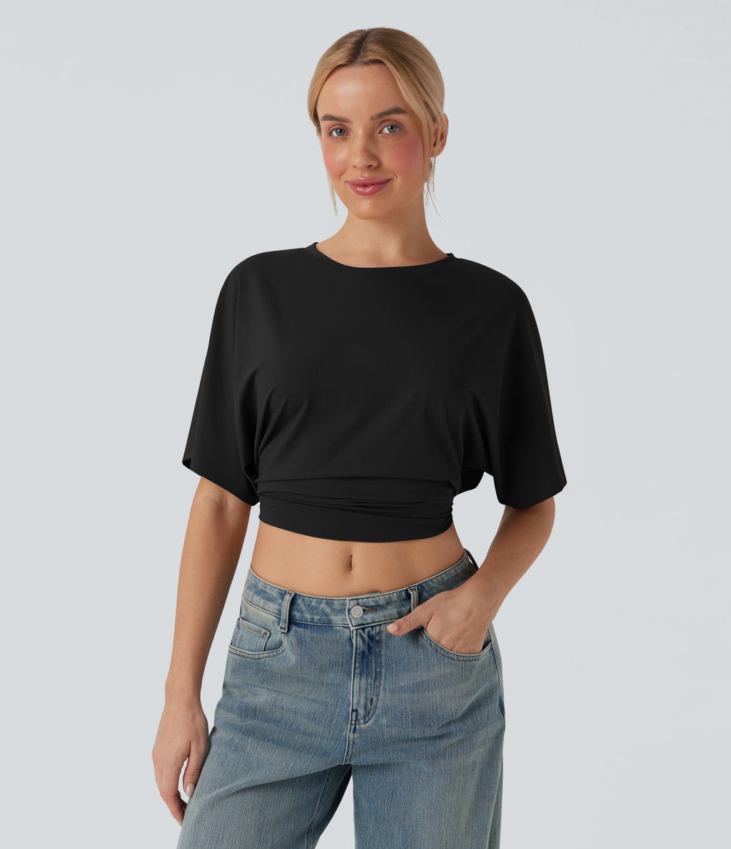 Haut casual crop col rond manches courtes fentes liens dos
