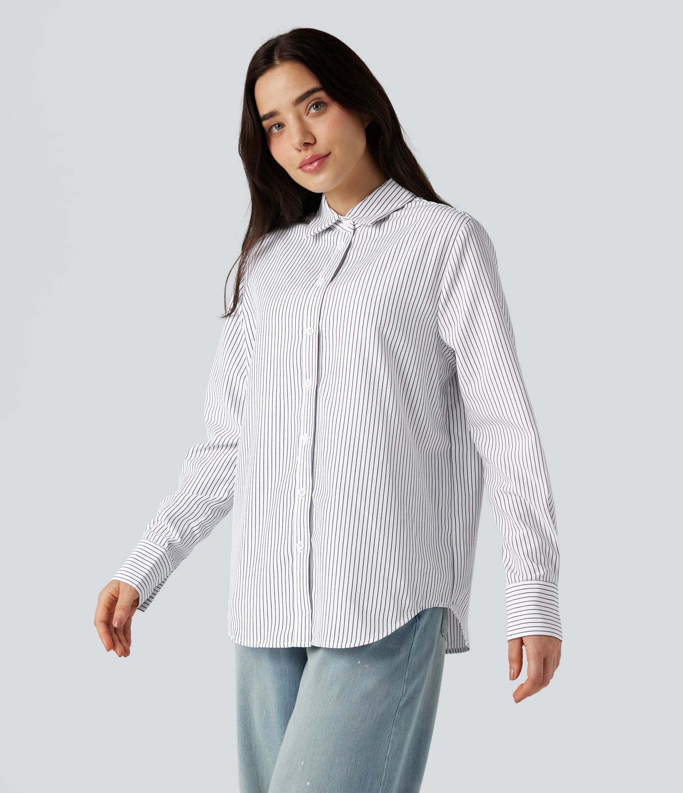 Chemise rayée col chemise ourlet arrondi manches longues coupe décontractée