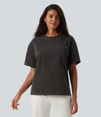 Halara Flex™ T-shirt en denim col rond manches courtes avec poche