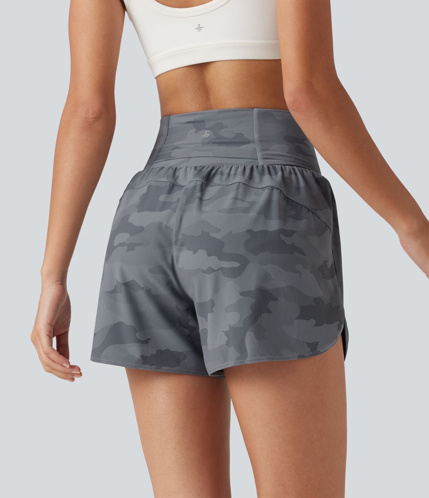 Short de running 2 en 1 Halara UltraSculpt™ gainant imprimé camouflage, taille haute, ourlet incurvé, 10 cm, avec poche