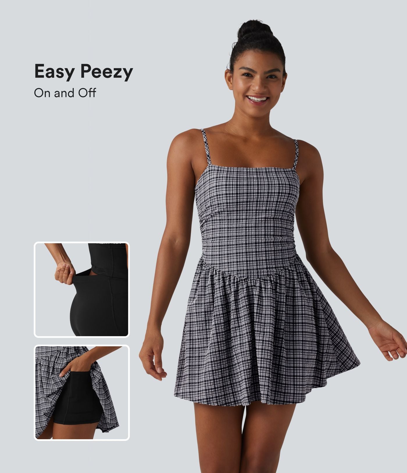 Robe de tennis active mini 2-en-1 à carreaux froissée à séchage rapide avec brassière intégrée, bretelles réglables et poches — Easy Peasy