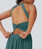 Robe longue fluide fendue avec poches latérales, dos nu et effet torsadé