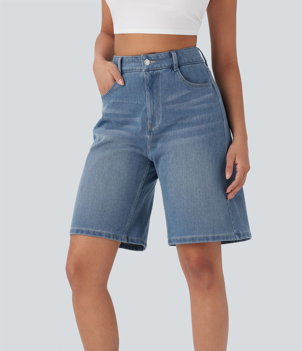 Bermuda en jean délavé Halara Flex™ taille haute à poches multiples