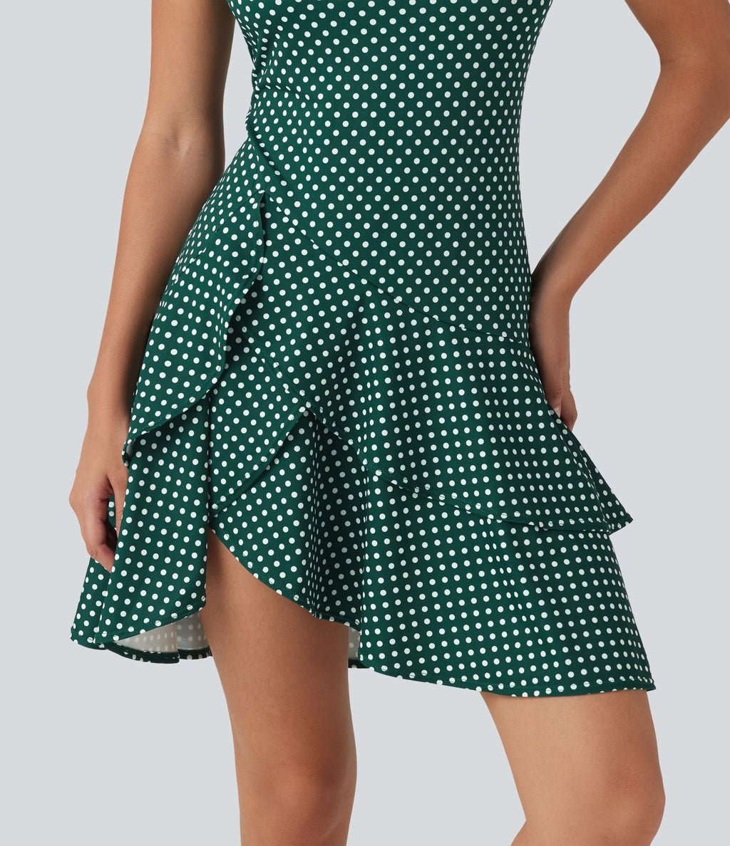 Robe mini casual à pois col rond sans manches ourlet à volants superposés