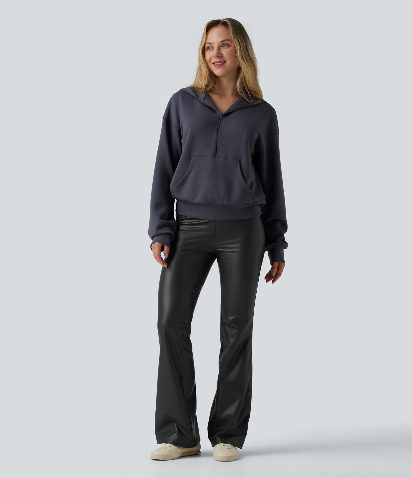 Pantalon évasé décontracté taille haute en tissu enduit doublé polaire extensible avec poches