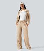 Pantalon jogging large décontracté côtelé gainant taille haute avec cordon de serrage et poches