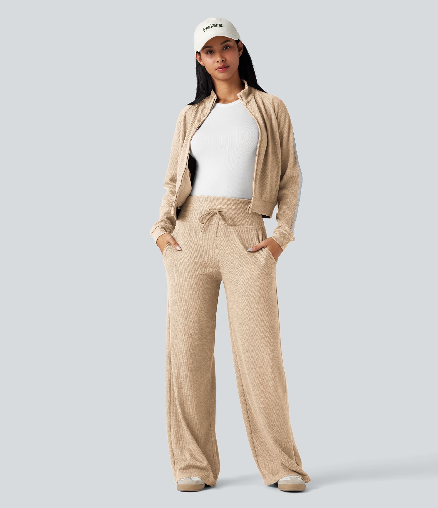 Pantalon jogging large décontracté côtelé gainant taille haute avec cordon de serrage et poches