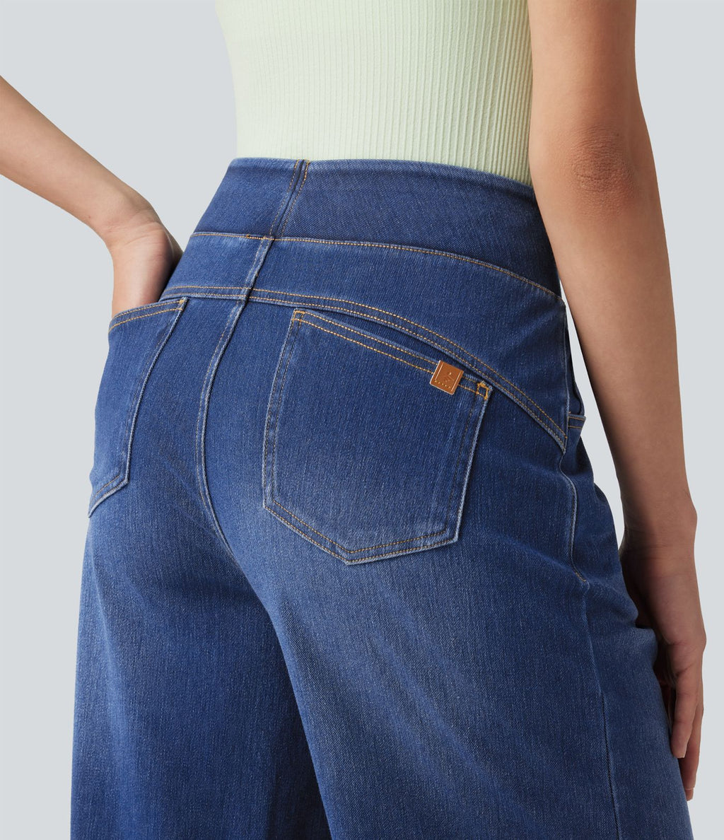 Jean décontracté Halara Flex™ large taille haute effet délavé avec poches