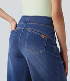 Jean décontracté Halara Flex™ large taille haute effet délavé avec poches