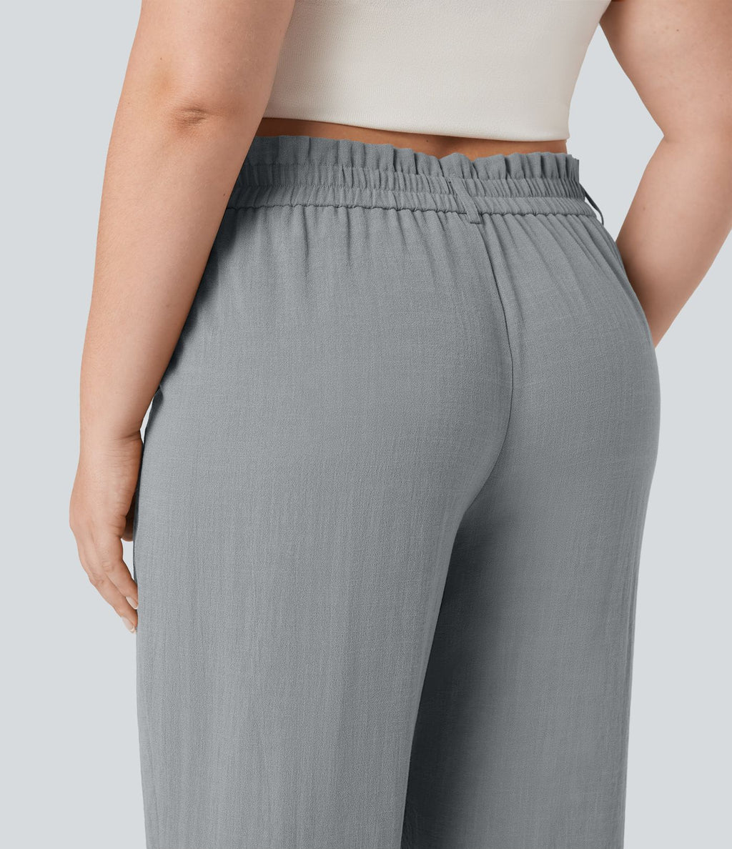 Pantalon de villégiature capri effet lin, grande taille, taille haute, avec poches