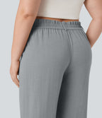 Pantalon de villégiature capri effet lin, grande taille, taille haute, avec poches