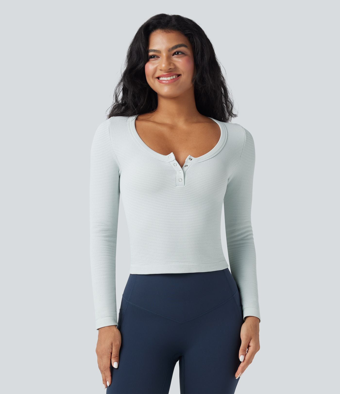 Haut de sport yoga ajusté col Henley en maille gaufrée à manches longues sans couture OneForm Seamless Flow