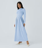 Robe longue décontractée à col montant, manches longues, plissée, avec poches latérales et coupe évasée