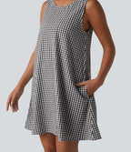 Robe débardeur mini décontractée col rond sans manches en vichy froissé avec poches