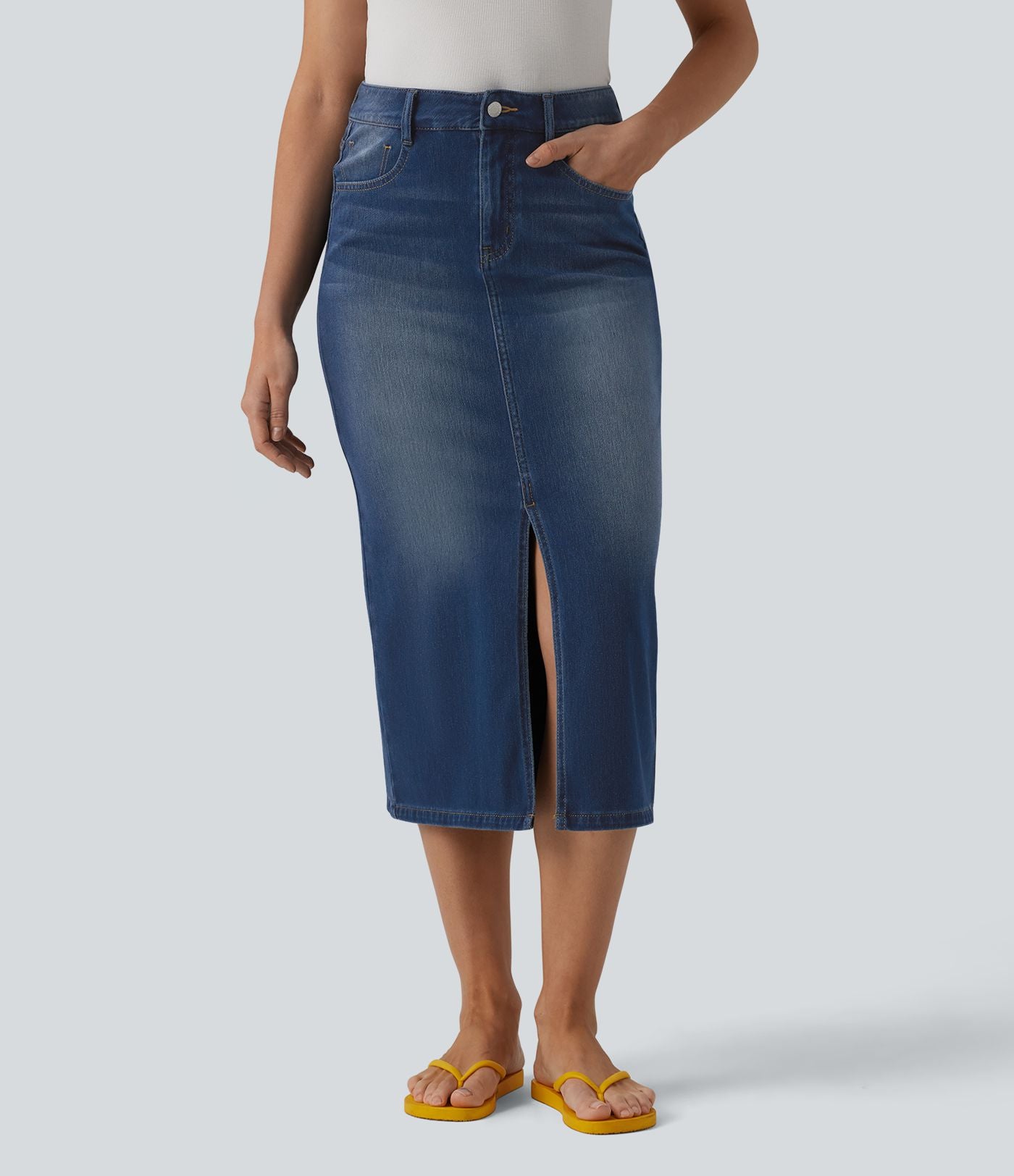 Halara Flex™ Jupe droite midi en denim taille haute avec fente et poches