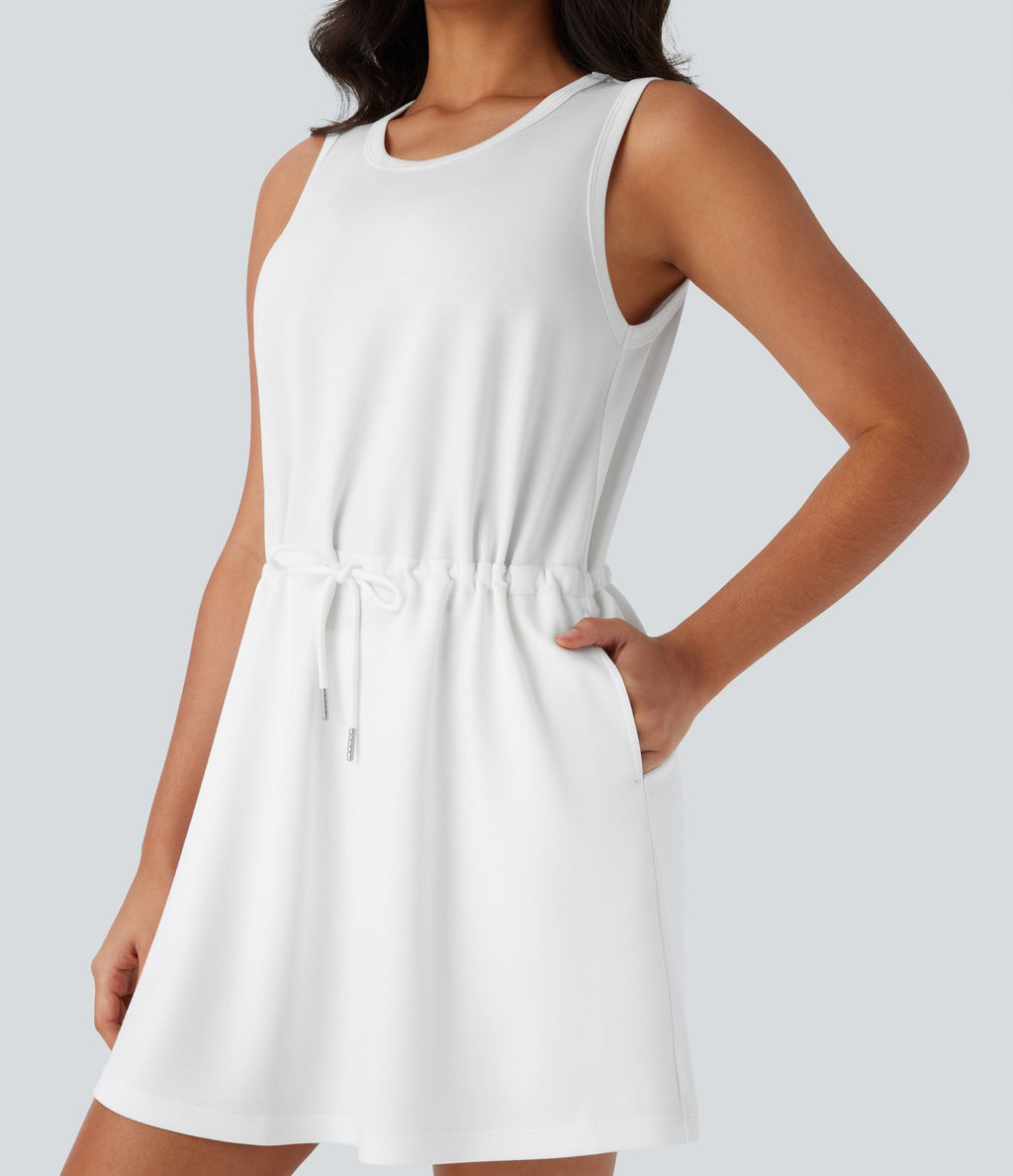 Robe active de yoga mini 2 pièces à col rond, sans manches, cordon de serrage et poches latérales