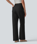 Pantalon droit décontracté en coton et lin taille haute avec poches