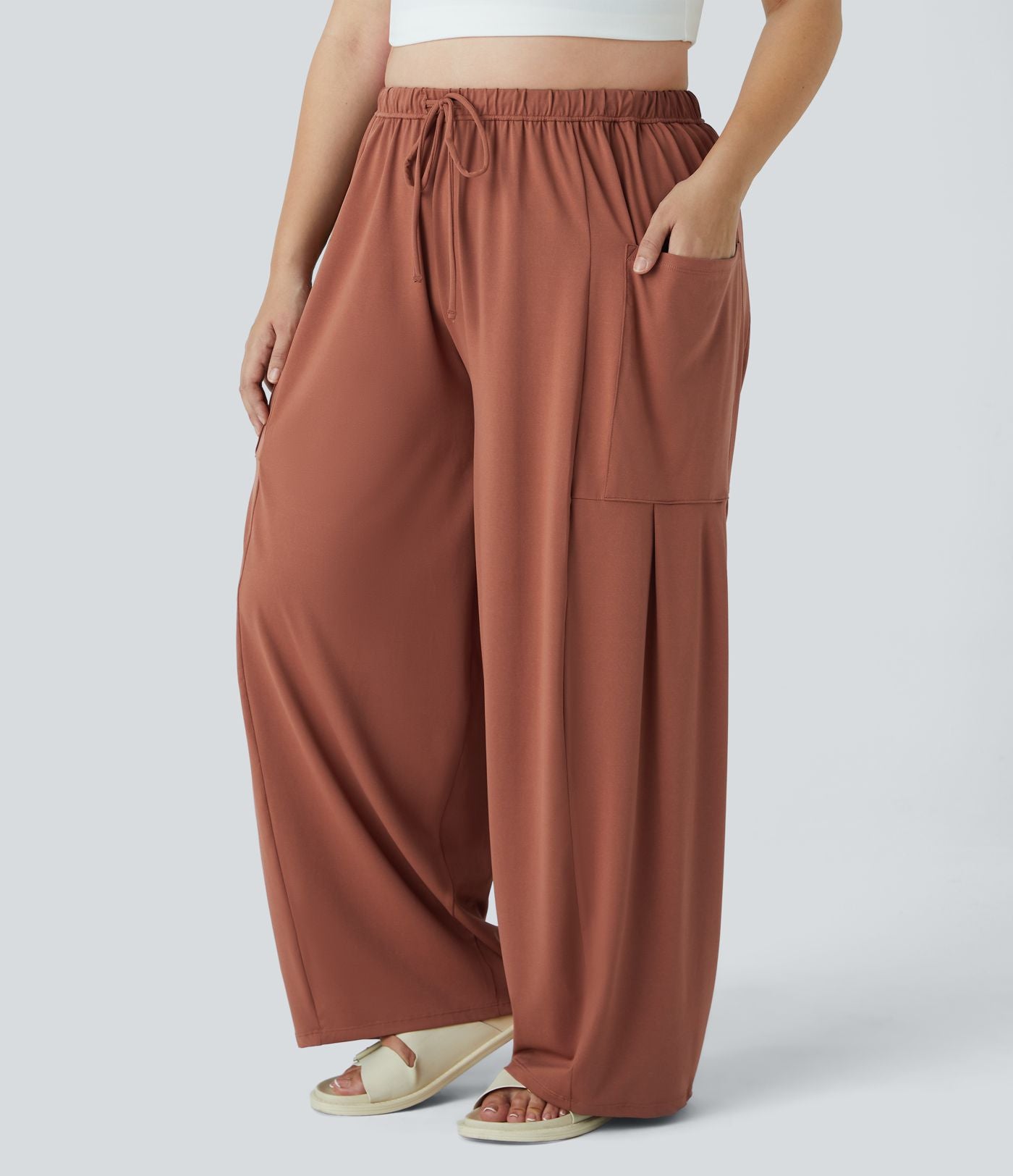 Pantalon Large Casual Taille Mi-Haute Taille Élastique Cordon Poches Latérales Ourlet Flottant Grande Taille